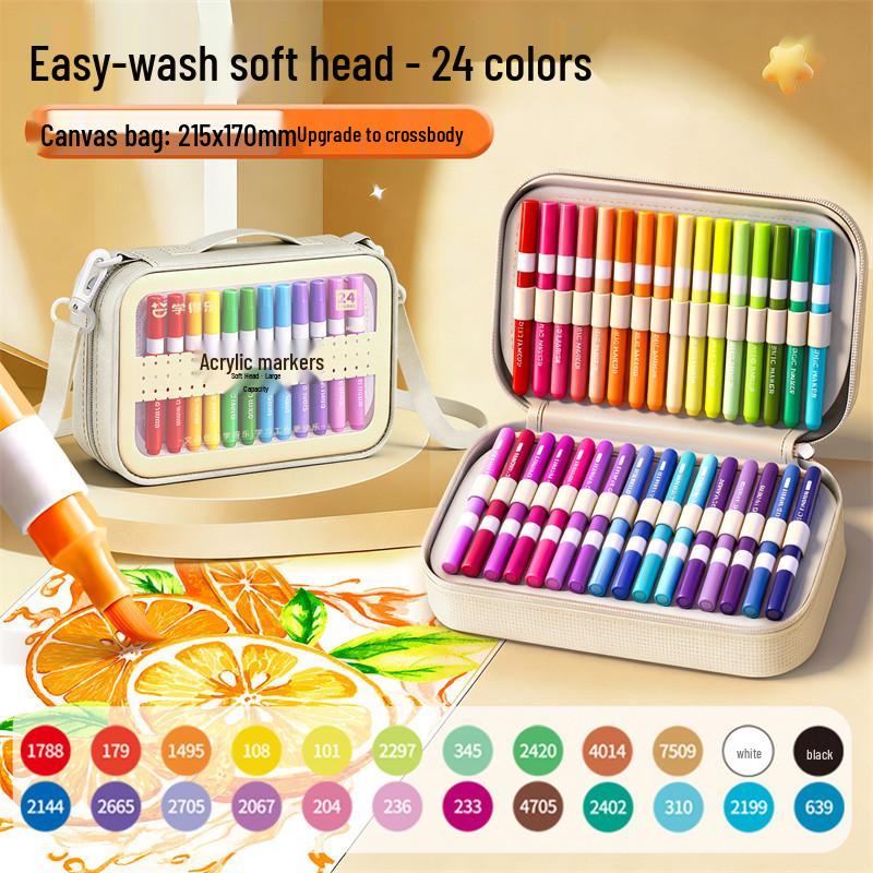 Large Capacity Washable Acrylic Marker Set with Soft Tip and Paint Brushes for Kids Art Class