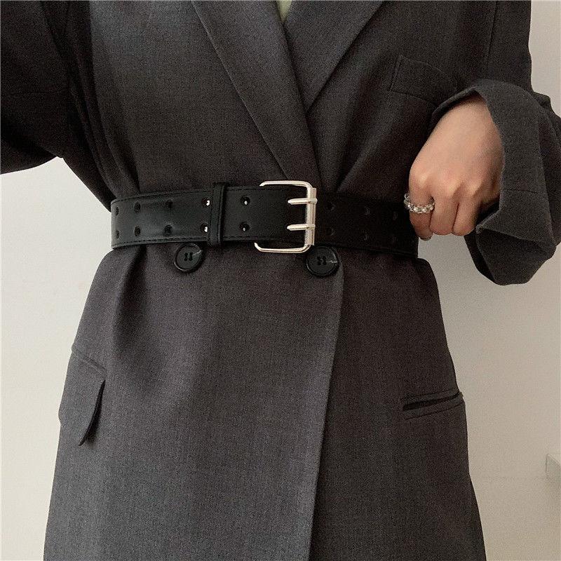 Pu Trendy Black Waist Belt With Double Holes For Vintage Inspired Attire Casual
