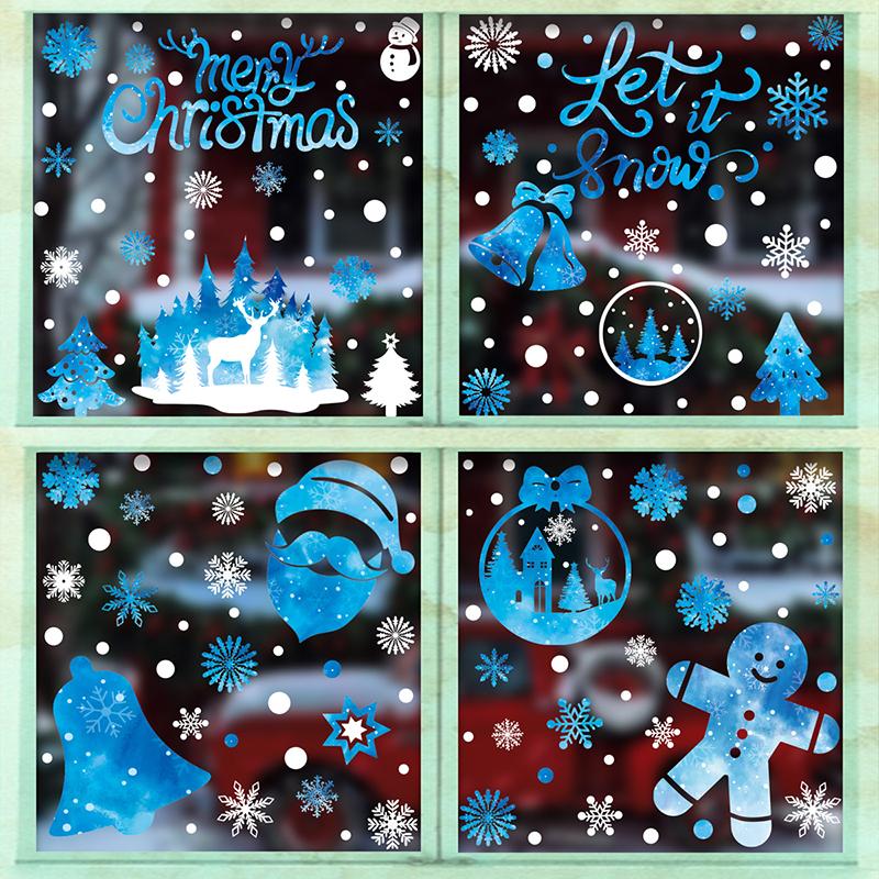 Weihnachtsfensteraufkleber Blauer Elch Statische Aufkleber Schneemann Schneeflocke Wandaufkleber Abziehbilder Frohe Weihnachten Feiertagsparty Aufkleber