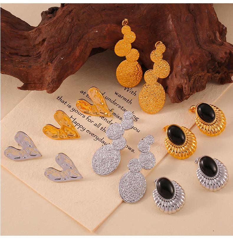 Retro Textured Splicing Earrings: Black Agate, Titanium Steel, Hypoallergenic European & American Fashion for Women