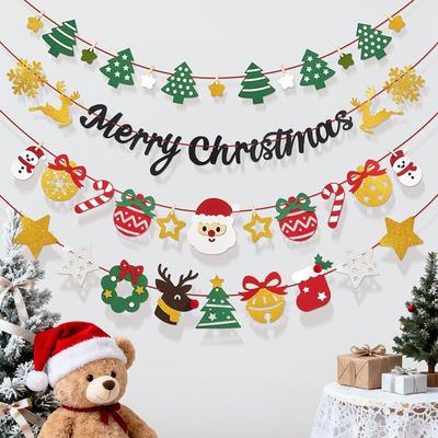 Bandeira de Natal de Feltro Vermelho Verde Design de Papai Noel Bandeira de Natal de Feltro Design de Rena Ornamento Pendurado Bandeira de Puxar de Natal Festa de Natal