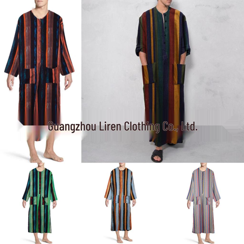 Rochie bărbătească etnică cu dungi, cu guler înalt și mâneci lungi - Stil sud-est asiatic și din Orientul Mijlociu