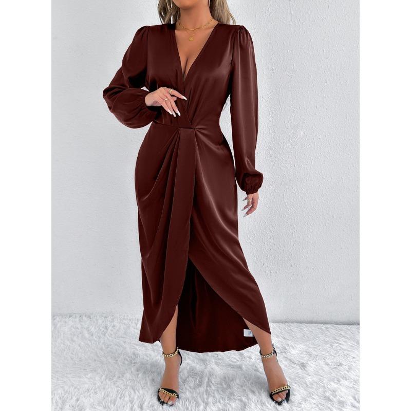 Damen Rostorange Satin V-Ausschnitt Puffärmel Wickel verdrehte Taille Schlitz Midi-Kleid