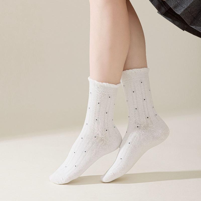 Polka Dot Socks for Women's Autumn and Winter Mid-calf Socks, Fresh Black Fungus Edge Pile Socks, Lace Versatile Socks