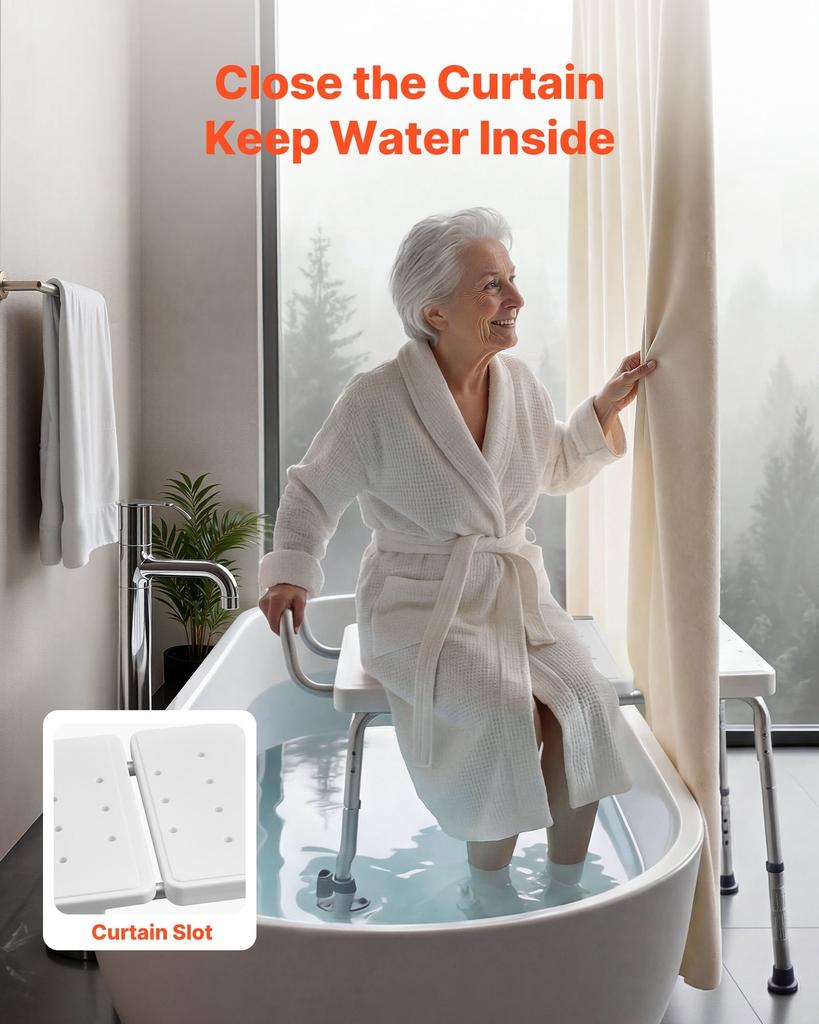 Tub Transfer Bench for Bathtub, 180 Kg Capacity Heavy Duty Shower Chair with Arm, Backrest and Curtain Slot, Height Adjustable Shower Bench Bath Seat