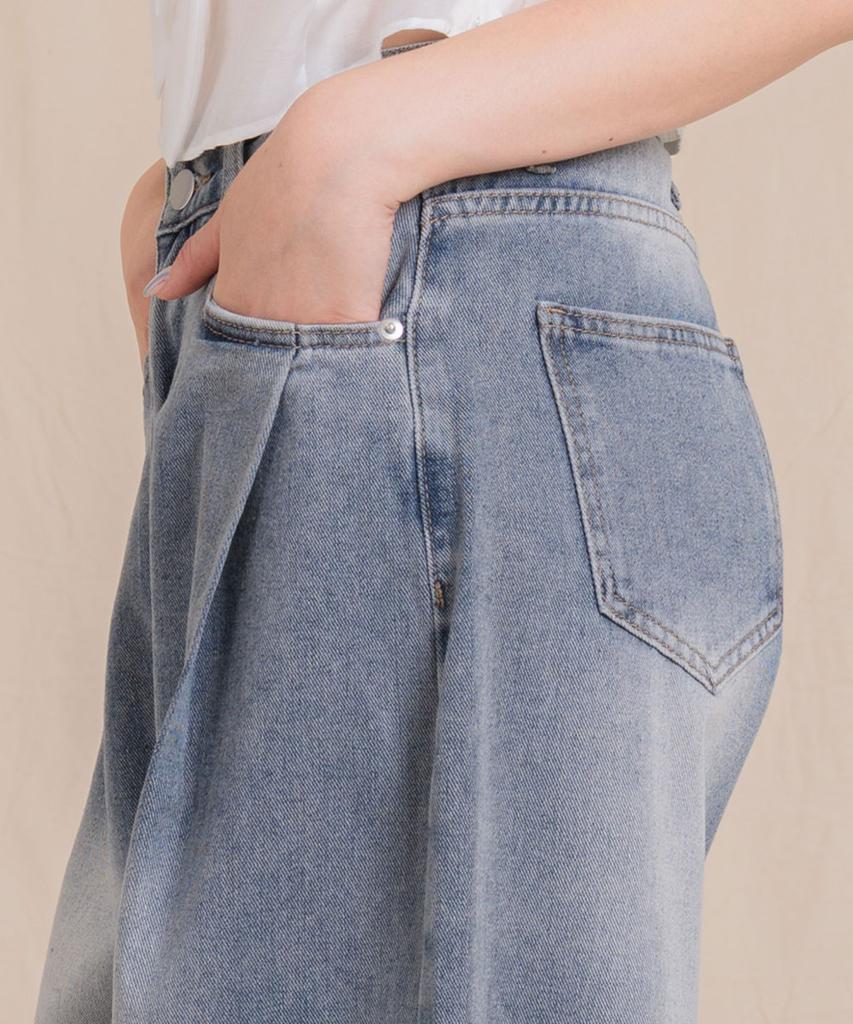 Ellamo 54_1 Women'S One-Pin Tuck Washed Wide Denim Pants (Basic/Long)_Light Blue