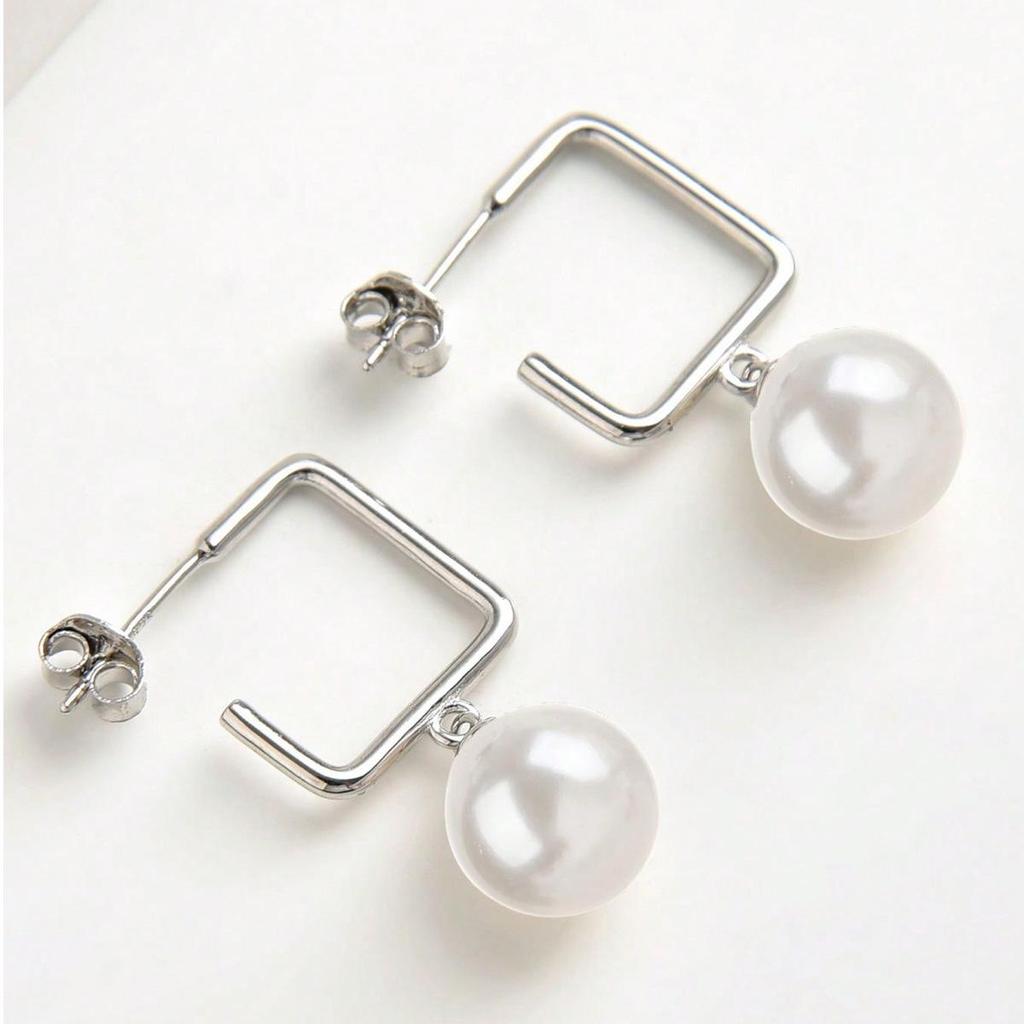 Korean Style Elegant Sterling Silver Pearl Geometric Dangle Earrings
