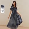 INMAN Damen Retro Karo Rüschen Kurzarmkleid