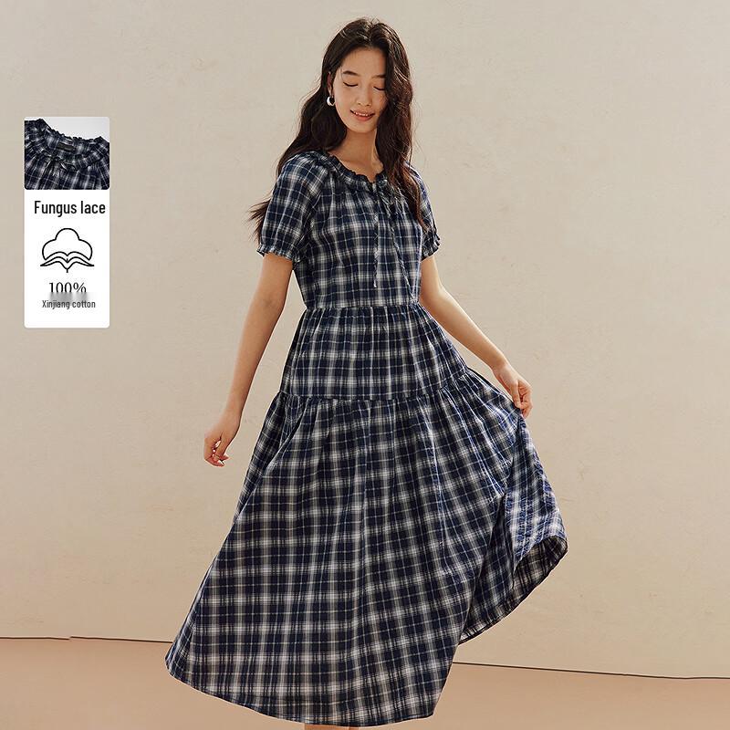 INMAN Women s Retro Plaid Ruffle Short Sleeve Dress XL