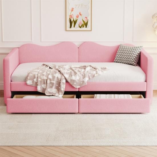 Fabric Cover Upholstered Bed with 2 Drawers Headboard Backrest Armrests Strong Wood Slat Support Bed Home Furniture