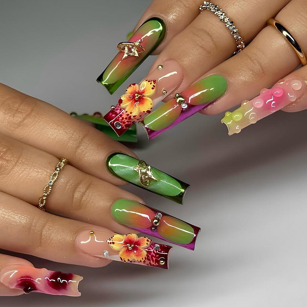 24 Pièces Longues Ongles Press-On Forme Coffin Rose Doux Fraise Cerise Motif Fruité Été Dopamine Ongles Faux Portables