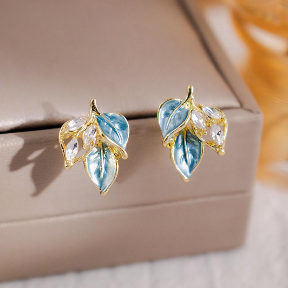 Blue Unique Leaf Earrings, Fashionable Small Fresh Earrings, Niche Light Luxury High-End Versatile Earrings