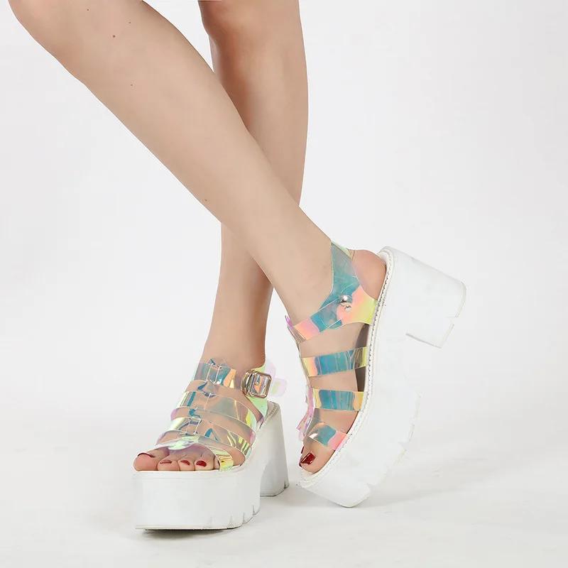 Fashion 8.5cm Heels Summer  2025 Personalized Colorful White Thick Soled Sandals Large Women's Shoes Factory Wholesale