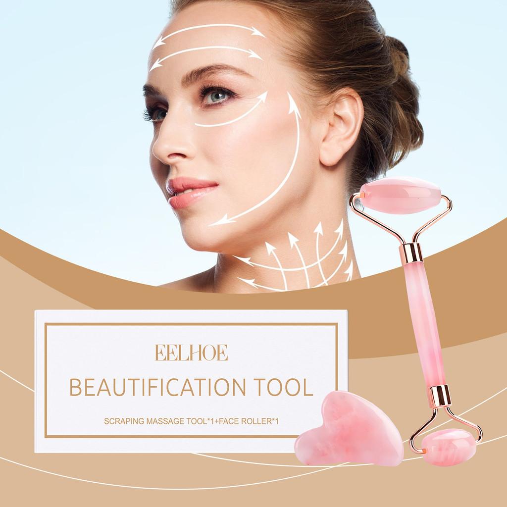 Eelhoe Pink Quartz Roller Massage Set For Soothing Skin Tightening Beauty Care Tool