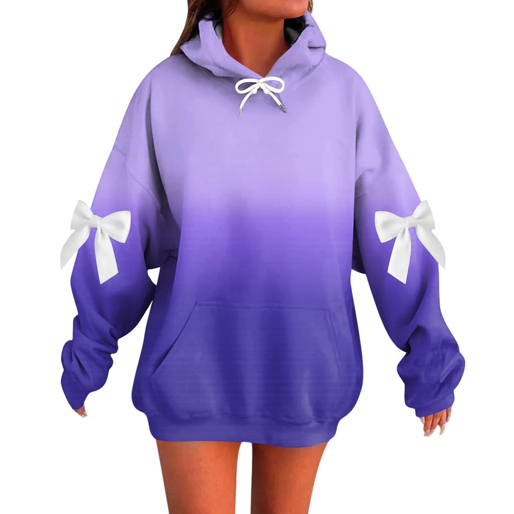 Ladies' Gradient Printed Bow Long Sleeved Loose Fitting Headband With Rope Hooded Sweatshirt Top