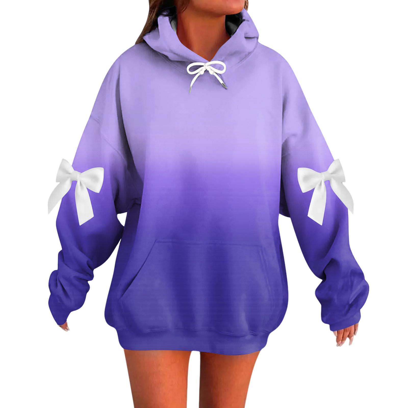 

Женский градиентный принт, бант, длинный рукав, свободный крой, повязка на голову с веревочным капюшоном, толстовка-топ XL фиолетовый