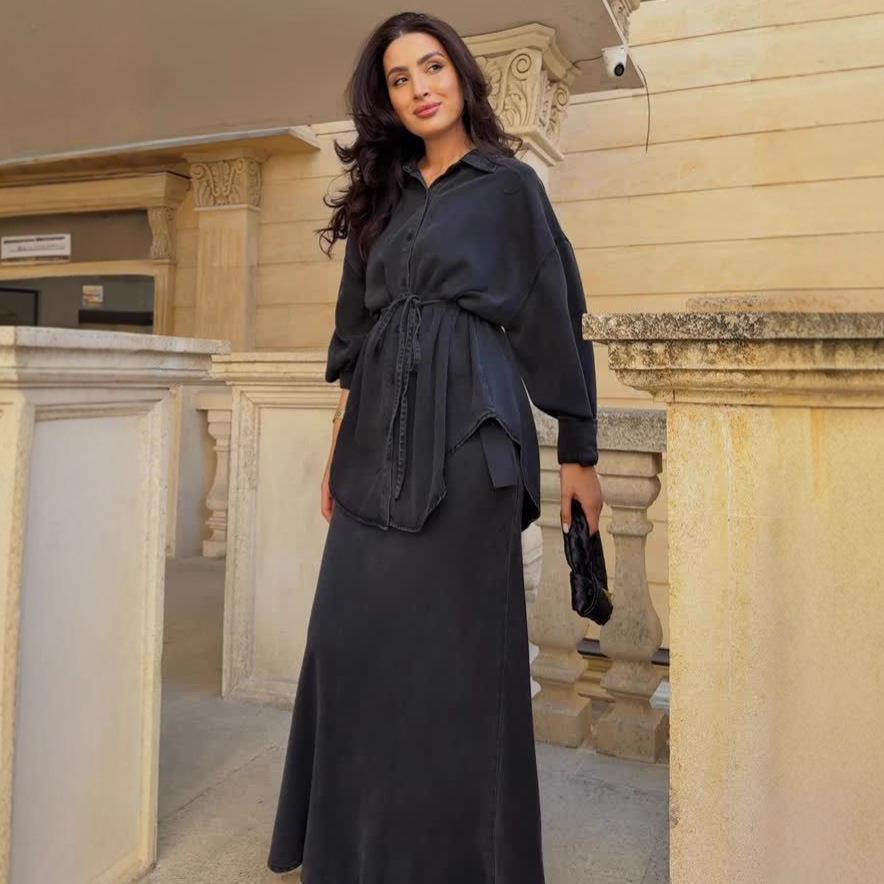 2025 Autumn-Winter Fashion: European-American Loose Coat, Shirt, Tie, Denim Skirt Set for Women