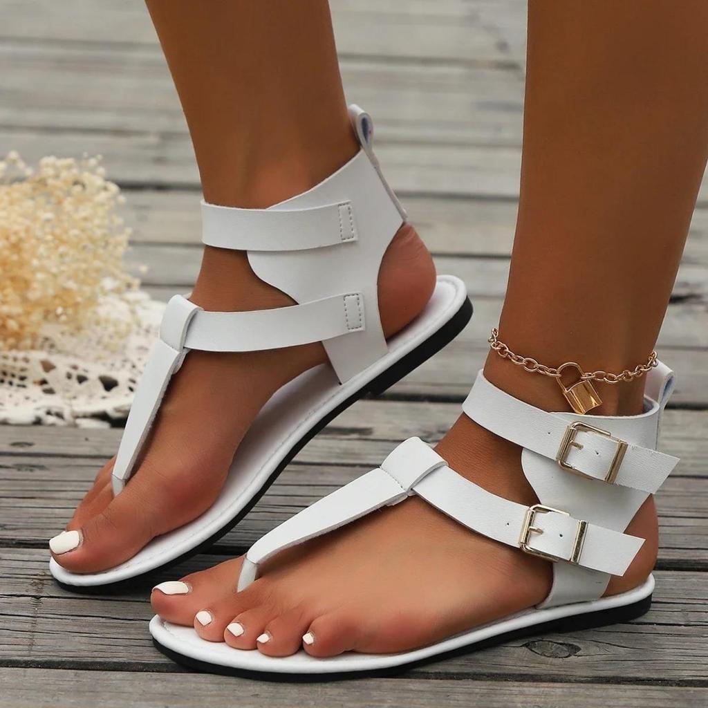 2026 Women's Summer New Vintage Solid Color Flat Sandals Fashion Leather Non-slip Outdoor Flip-flops Beach Roman Shoes Size 43