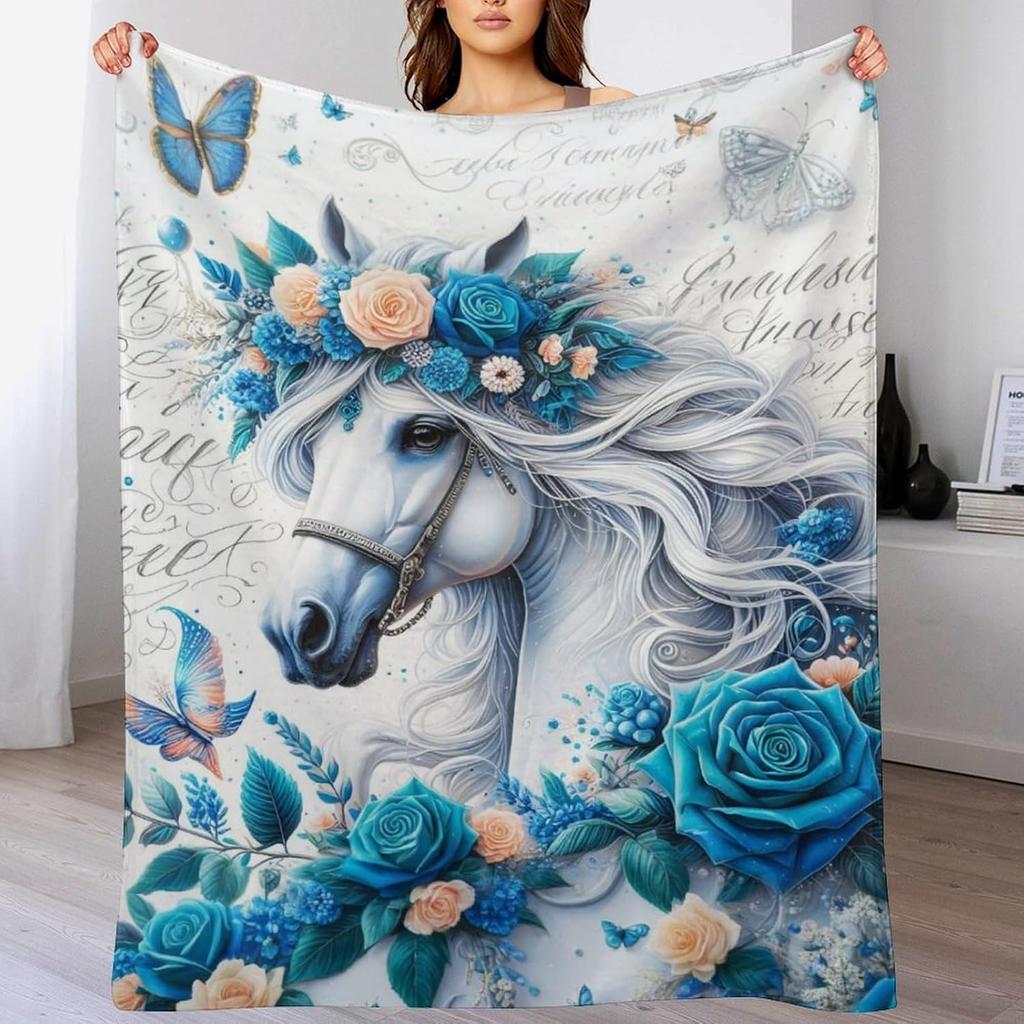 White Horse Blanket Blue Rose Floral Butterfly Throw Blanket Aesthetic Watercolor Animal Flower Bedding Cozy Gifts For Women