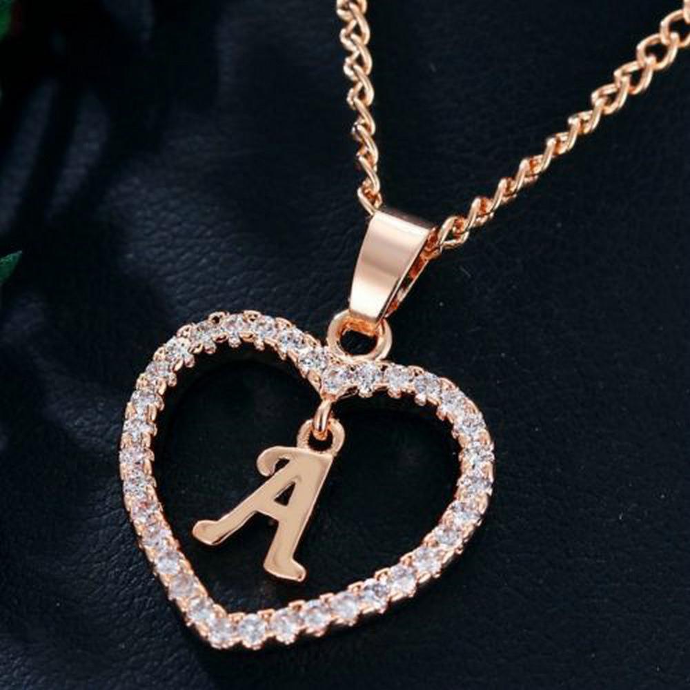 Heart Pendant Zircon Letter Necklace - 26 Letters Available