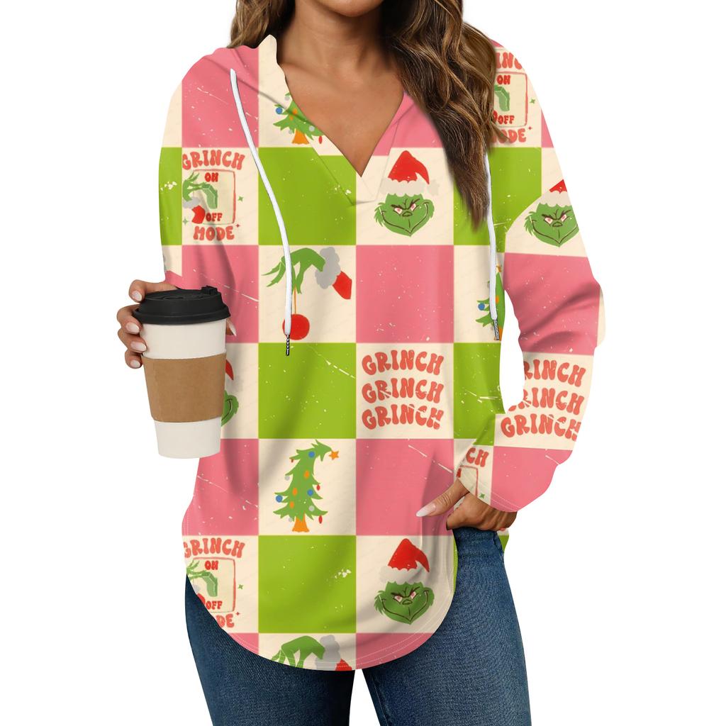 Women's Fashion Hoodies V Neck Long Sleeve Christmas Printed Drawstring Casual Loose Pullover Tops