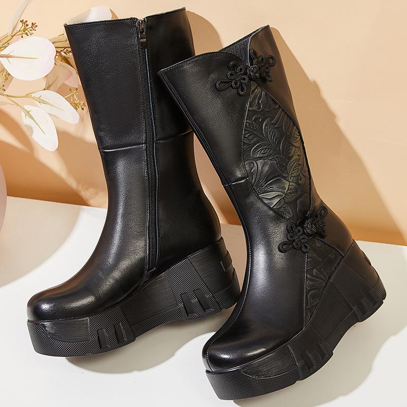 GKTINOO 2025 Retro Natural Leather Women Boots Handmade Winter Wedges Booties Soft Cowhide Women's Shoes Platform Mid-Calf Boots