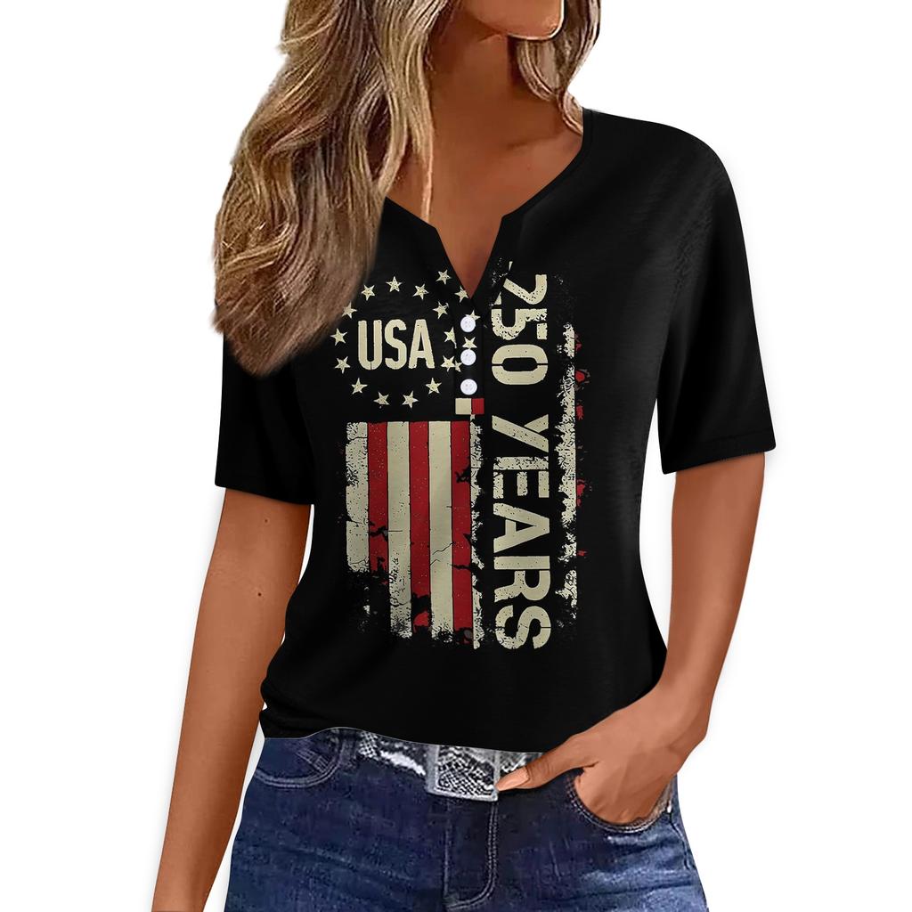 Women V Neck Short Sleeve T Shirt Casual Loose Fit Button Decoration Printed Top for Summer Daily Wear