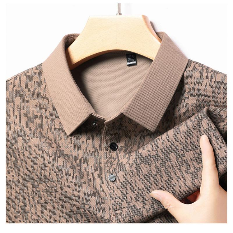 Mens Long Sleeve Jacquard Polo Shirt Business Casual Spring Autumn Top