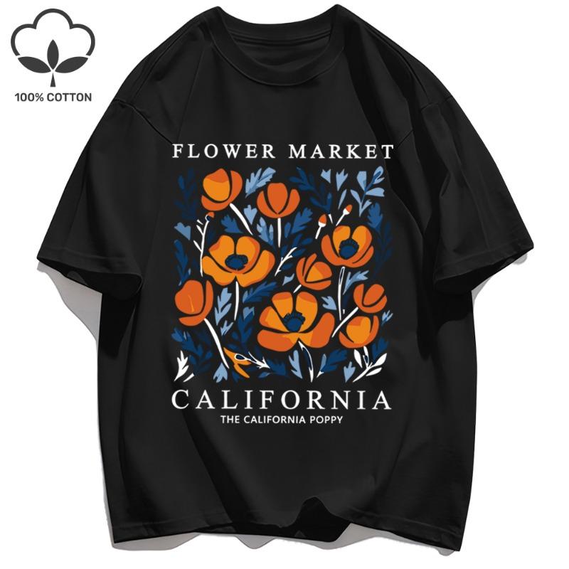 Yellow Floral Market California Printed T-Shirt Women's Soft Cotton T-Shirt Round Neck Casual T-Shirt Casual Sports Short Sleeve