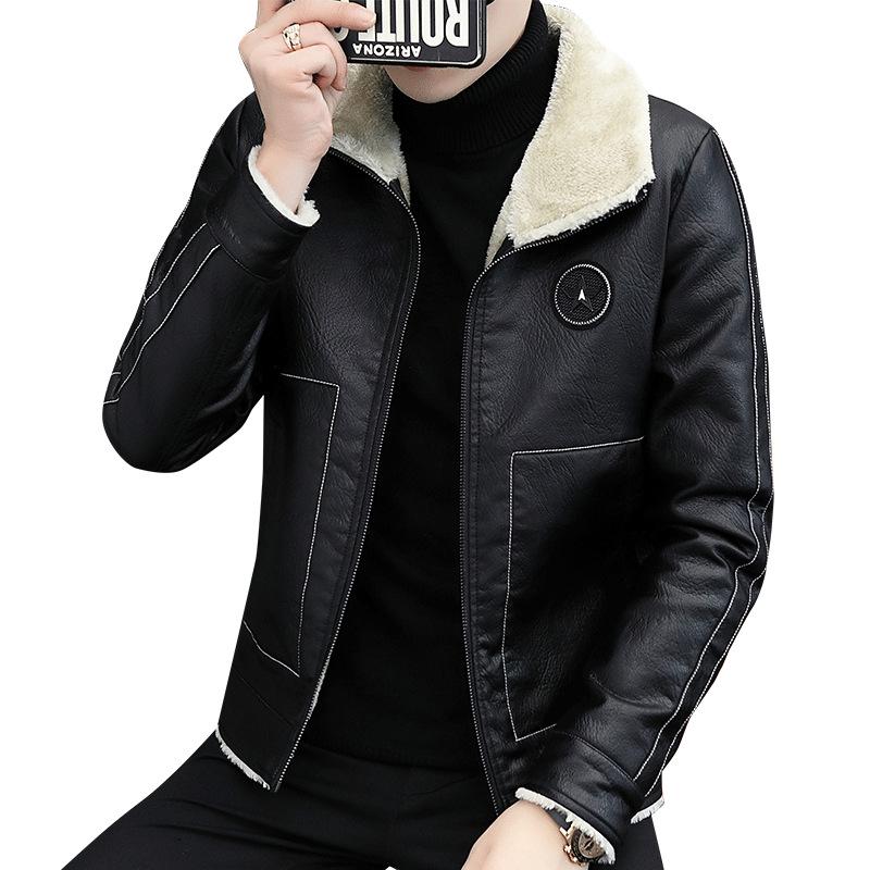 Men's 2025 Winter Korean Style Slim Fit Fleece-Lined Leather Jacket - Trendy Casual Coat