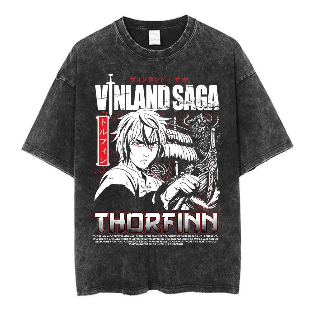2026 Hot Sale Vinland Saga Thorfinn Manga Graphic T-shirt Men Vintage Washed Viking Anime Unisex Oversized Crew Neck Cotton Short Sleeve Tee Tops