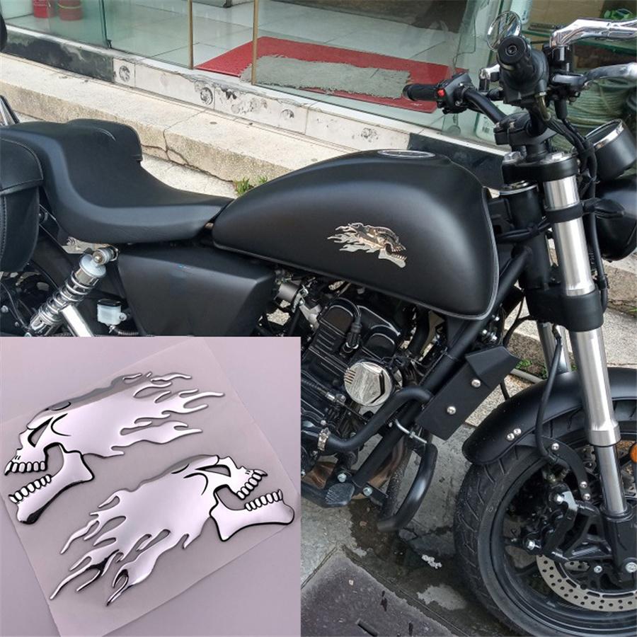 New 6x14cm Pair Skull Head Flame Style Motorcycle Fuel Gas Tank Fairing Badge Decal