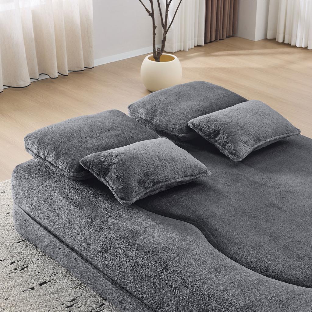 Large blue-gray floor sofa with 4 throw pillows, flannel sofa, high-density foam folding mattress, living room, bedroom, no assembly required