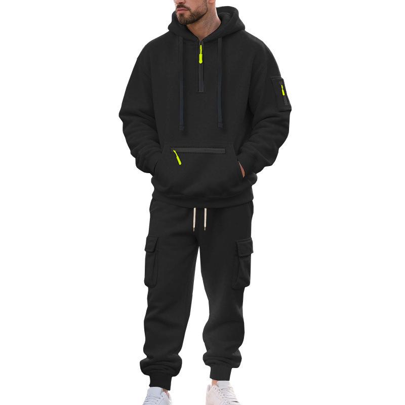Mens Warm Thick Multiple Pockets Hooded Sweatshirt And Cuffed Sweatpants Two Piece Sports Set