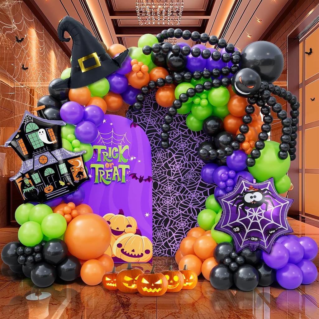 Bonropin 175pcs Halloween Balloon Garland Arch kit with Black Orange Green Purple Balloons Spider Balloons Halloween Foil Balloons for Halloween
