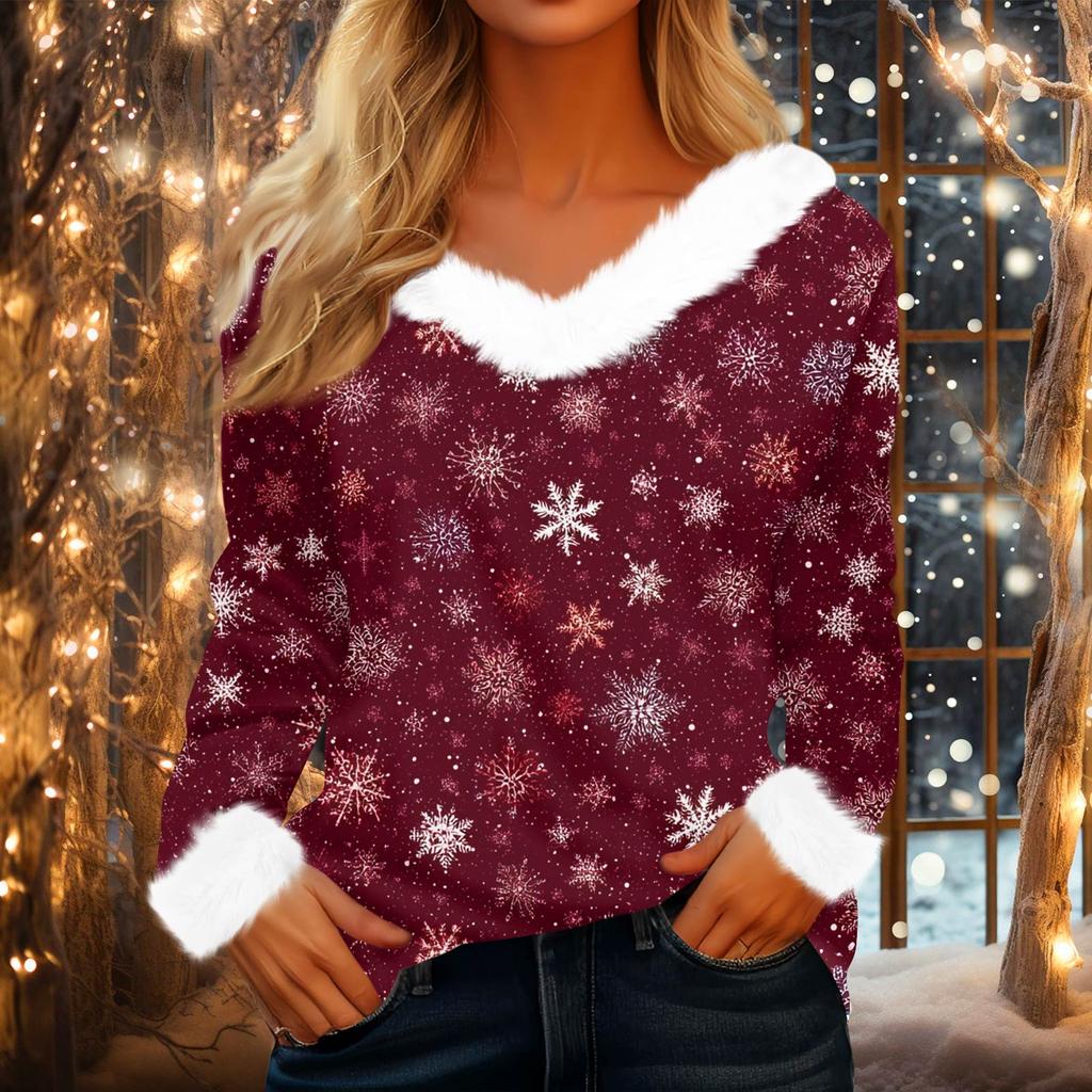 Damen Modisches Lässiges V-Ausschnitt Weihnachts-Print Langarm-Oberteil