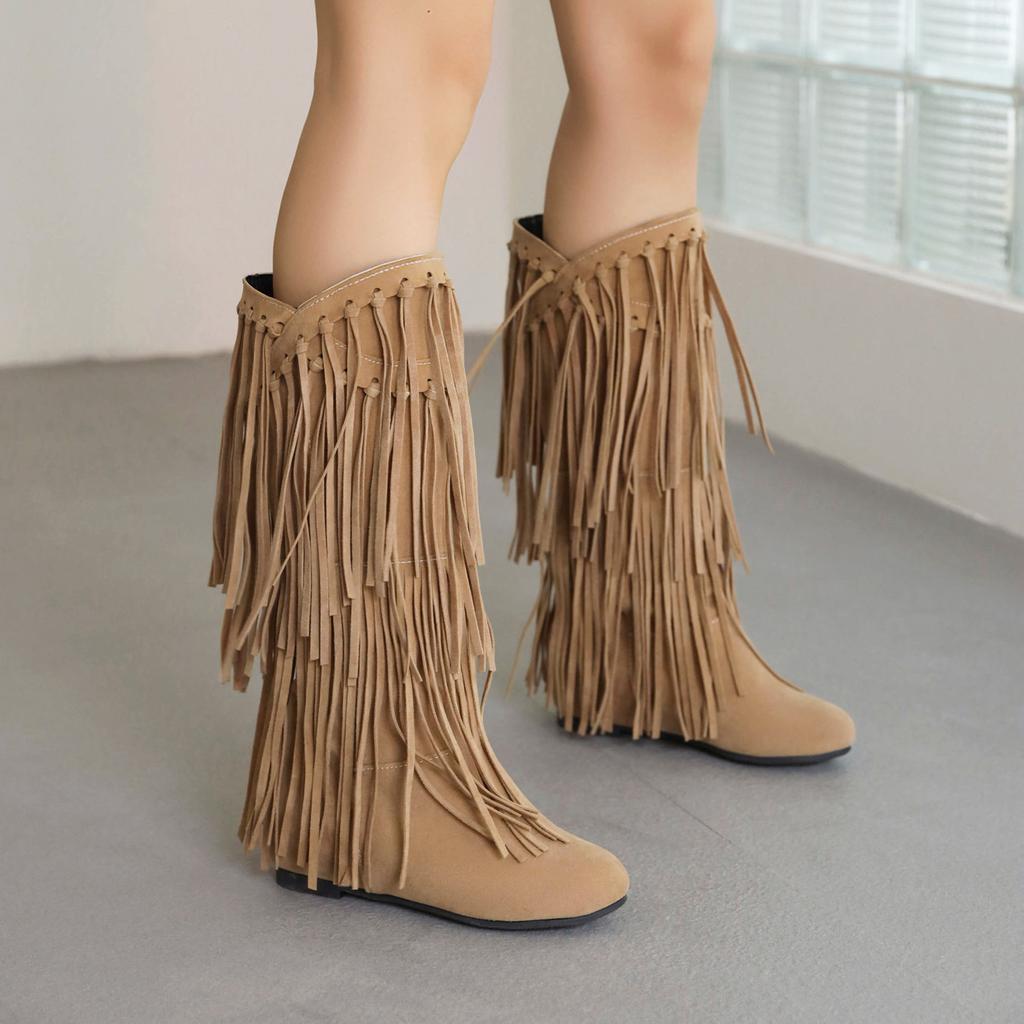 Autumn Winter Women Boots Fashion Tassel Suede Women's High Boots Luxury Casual 3cm Low Heels Fashion Long Party Shoes Female