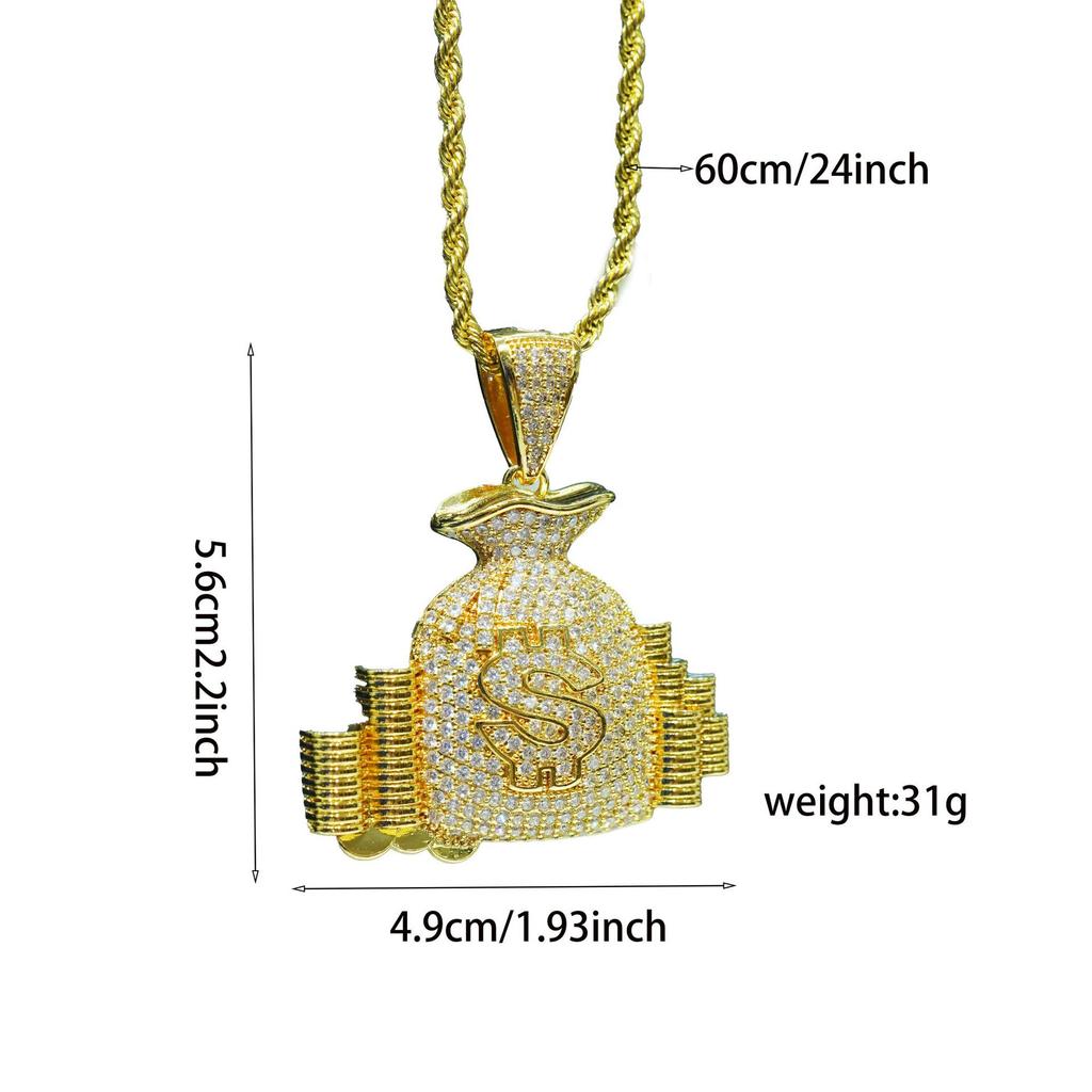 European and American Hip Hop Necklace Money Bag Hiphop Copper with Zircon USD Money Bag Men's and Women's Personalized Trendy Brand Accessories