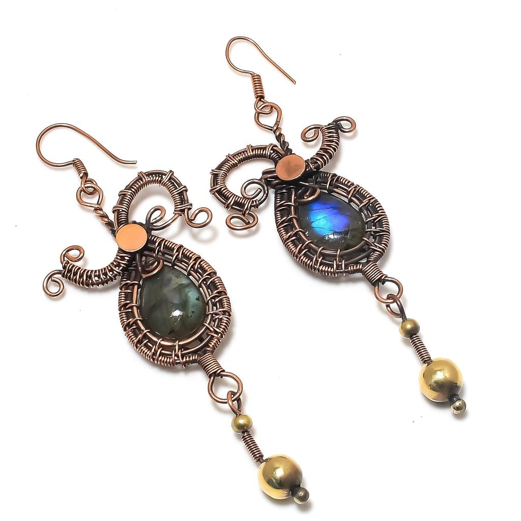 Labradorite 999 Copper Wire Wrapped Earrings, Handmade Gemstone Jewelry Earrings For Memorial Day