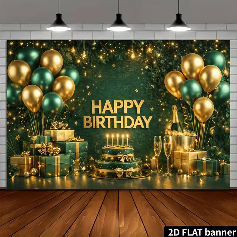 2D Green Gold Birthday Backdrop for Adult Party Photo Background