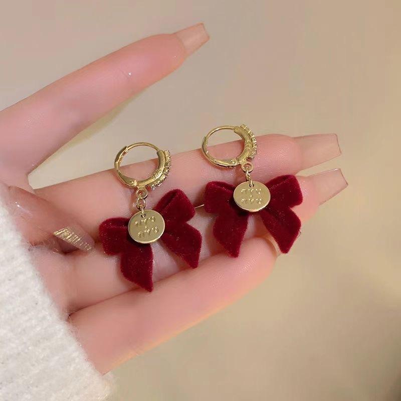 Festive red velvet bow stud earrings women s earrings temperament sweet personality flower long fringed earrings earrings