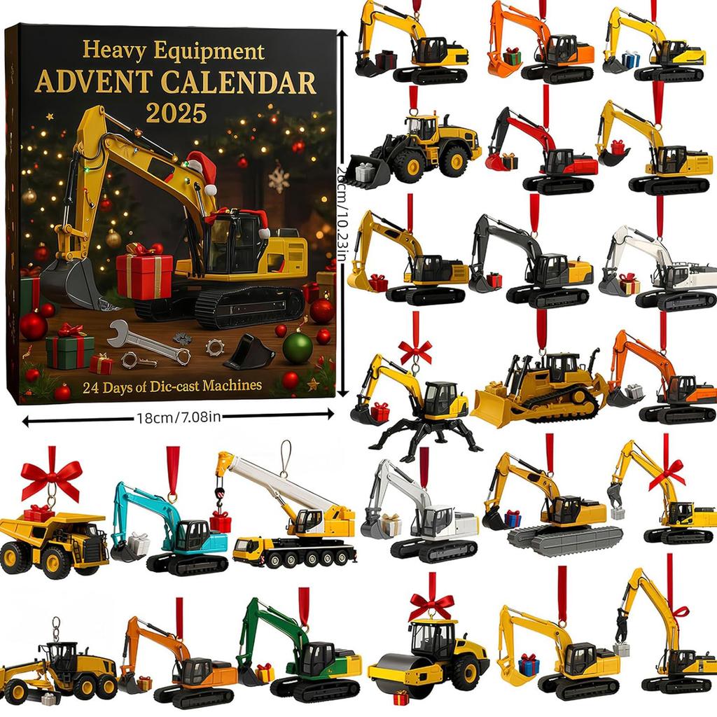 Heavy Equipment Advent Calendar 2025, 24 DieCast Machines,2D Flat Acrylic Mini Excavator Ornaments, Construction Vehicle Advent Calendar