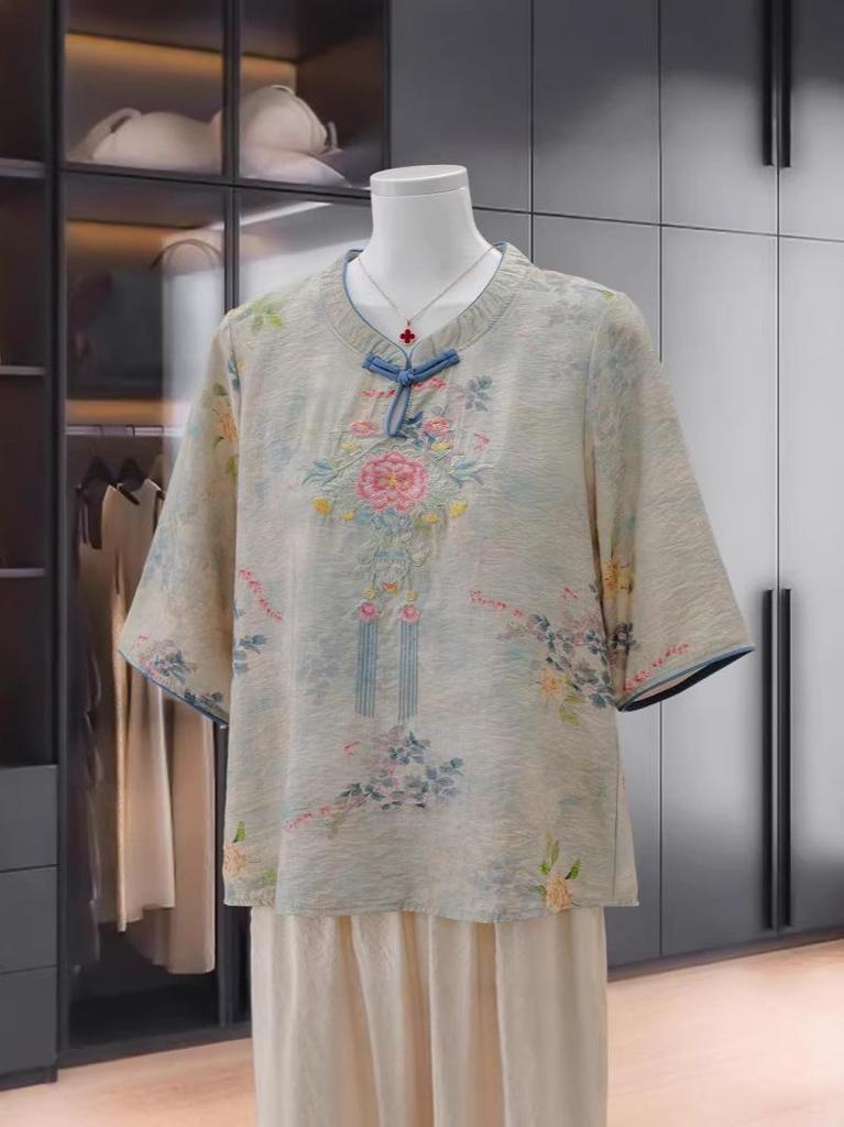 Modern Chinese Stand Collar Embroidered Short Sleeve Shirt for Middle-Aged and Elderly Women - Versatile Summer Top