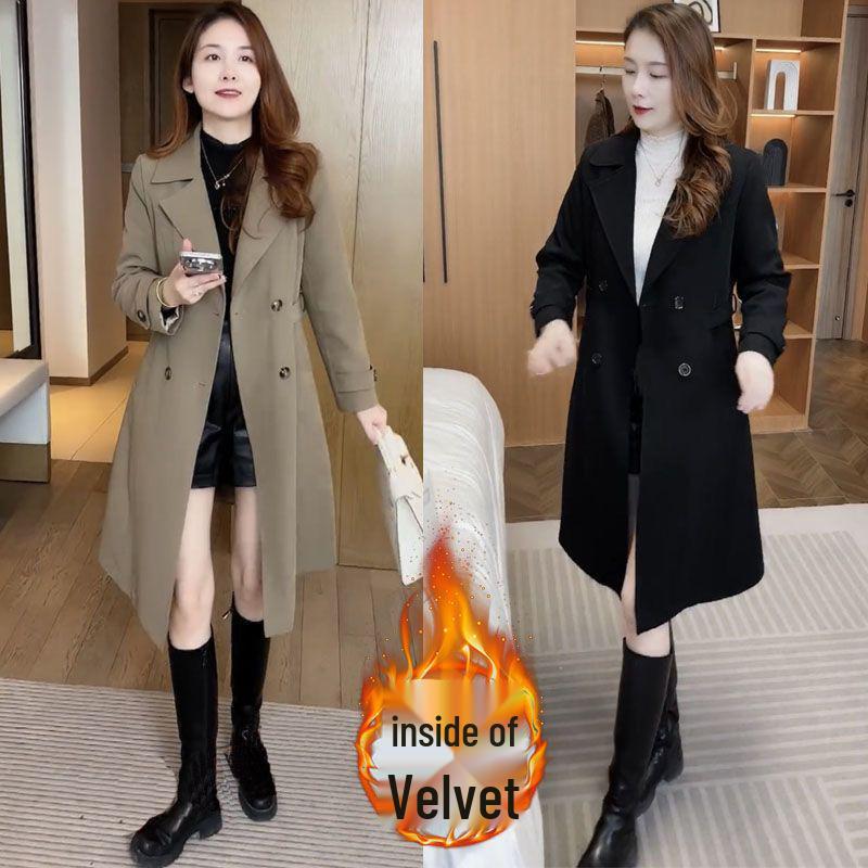 

2024 Women s Trendy Slimming Plus Velvet Thickened Trench Coat - Petite Mid-Length for Autumn/Winter 3XL колір світло кави