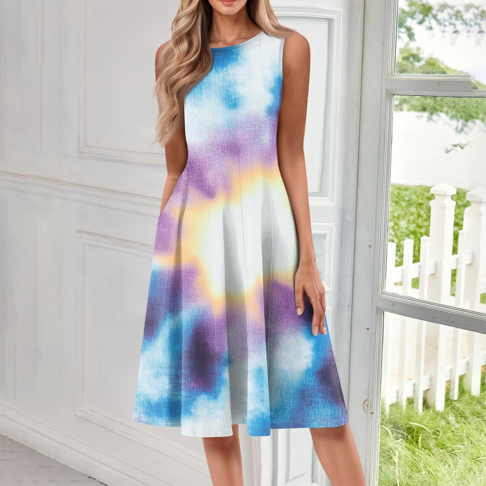 

Женское повседневное модное платье миди с круглым вырезом и принтом тай-дай без рукавов, однотонное XL