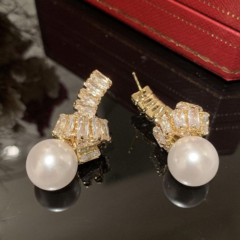 Cercei cu nod de perle din zirconiu cubic de modă din Coreea pentru fete Cercei cu știfturi de vară dulce, bijuterii de nuntă de lux