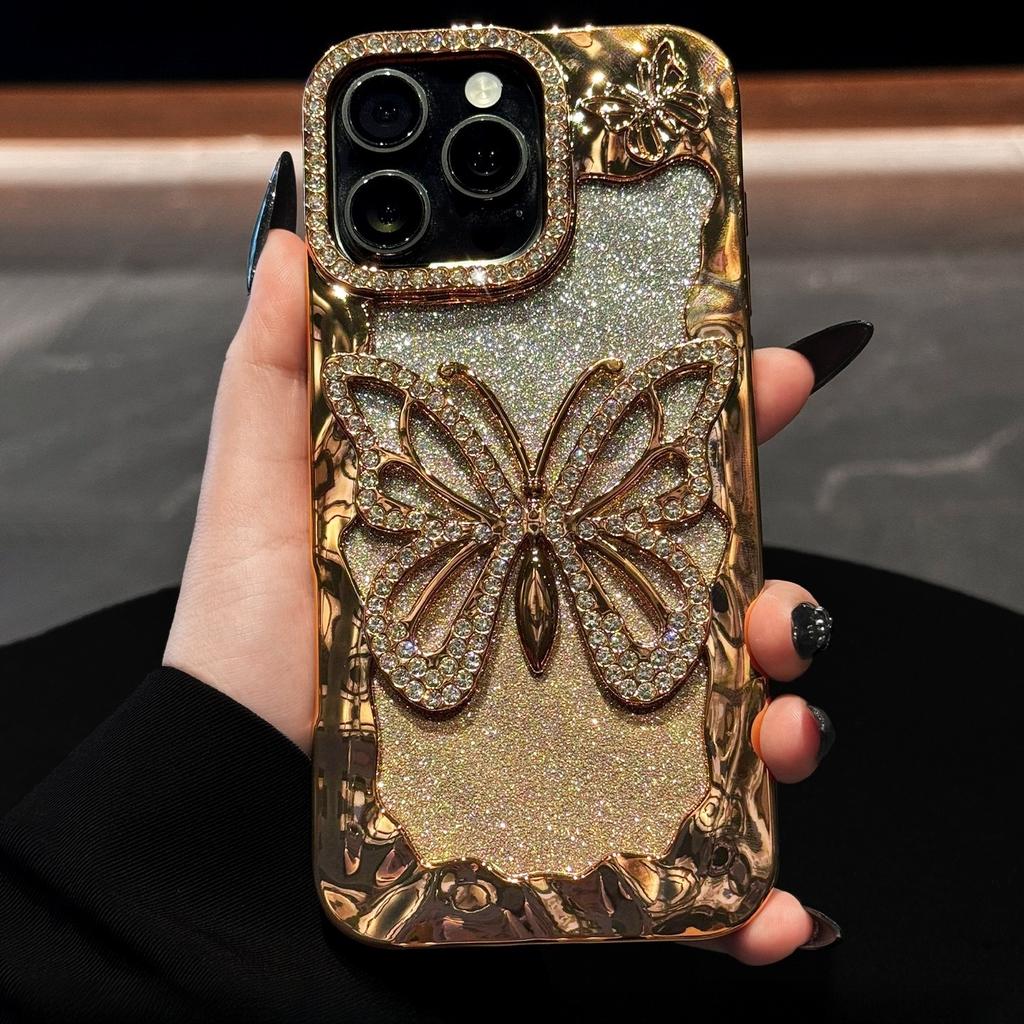 Luxury Electroplated Glitter Butterfly Phone Case For iPhone 17 11 12 13 14 15 16 Pro Max Plus Soft Hollow Out Bumper Back Cover