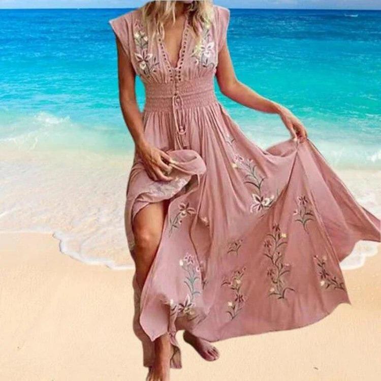 V Neck French Beach Dress European American Women Bohemian Print Skirt