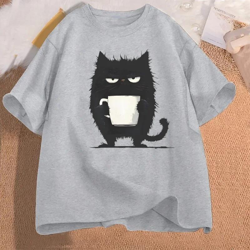 Funny Black Cat Coffee TShirt Tired Cat T Shirt Women Graphic Cute Cat Lover Clothes Clothing Harajuku Sleeve Aesthetic Clothes M