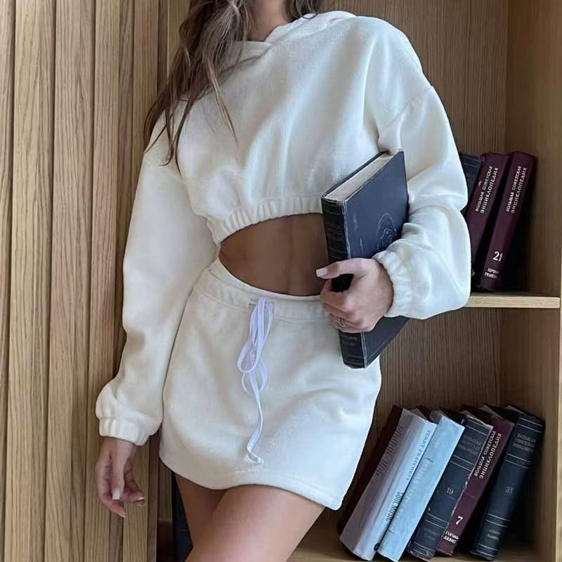 

Fashion Style Fashion Hooded Midriff-Baring Top Skirt Outfit Hooded Top and Short Skirt Set White XXL